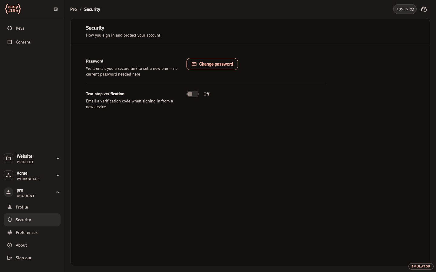 The Security section of the account settings