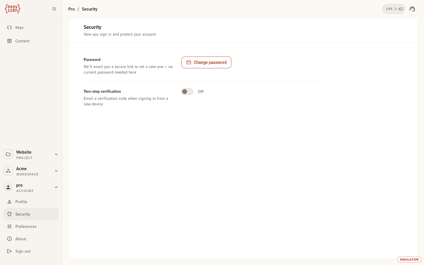 The Security section of the account settings