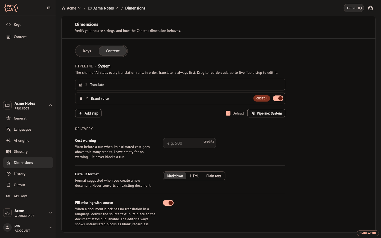 The Content tab of Dimensions with a pipeline of two steps