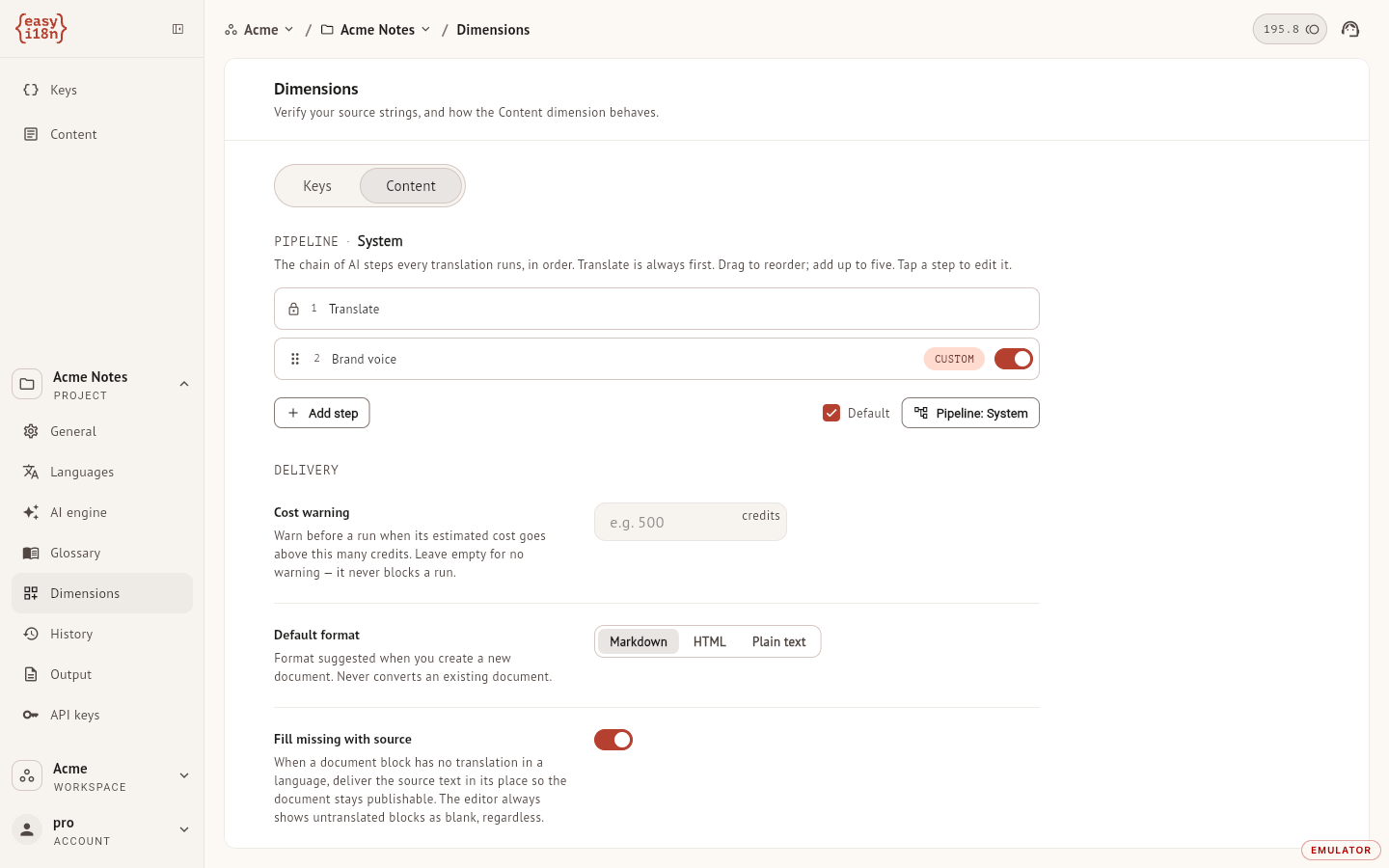 The Content tab of Dimensions with a pipeline of two steps
