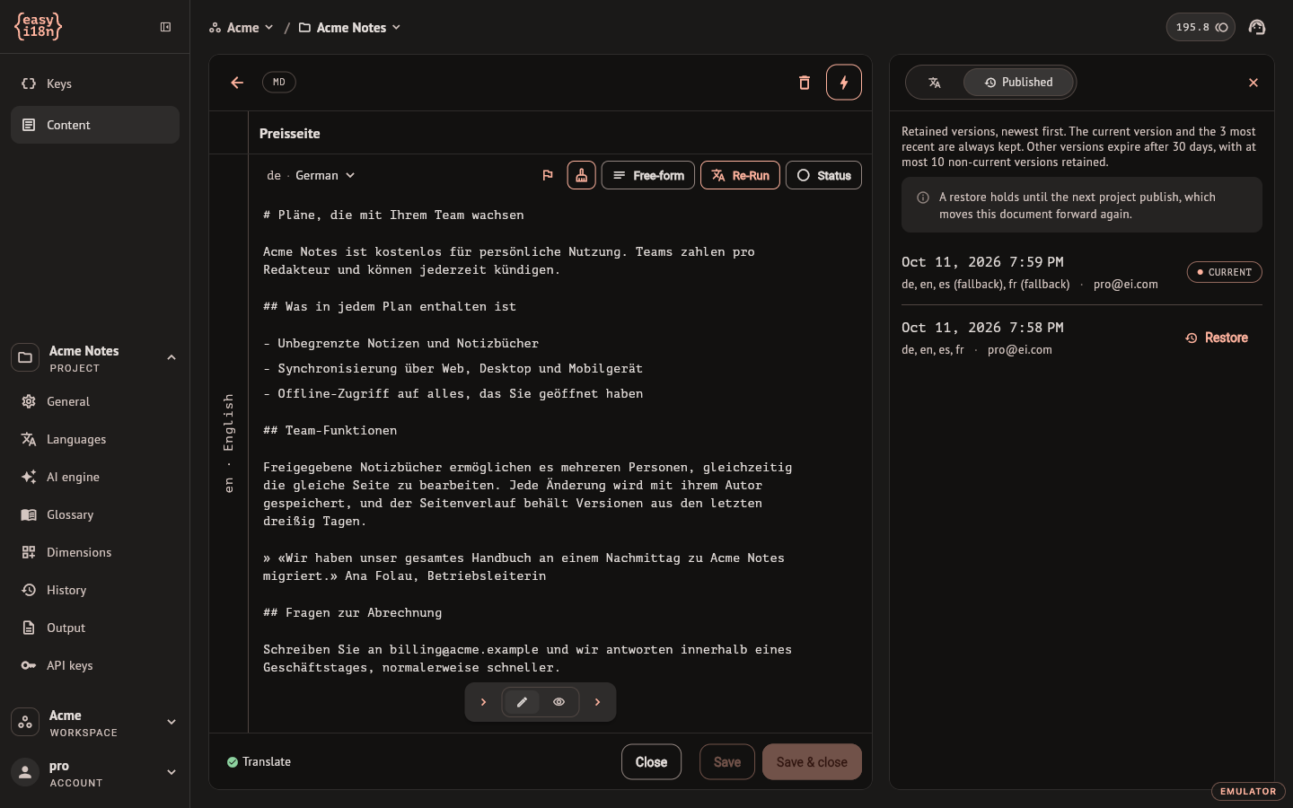 The Published tab with the current version and an older one