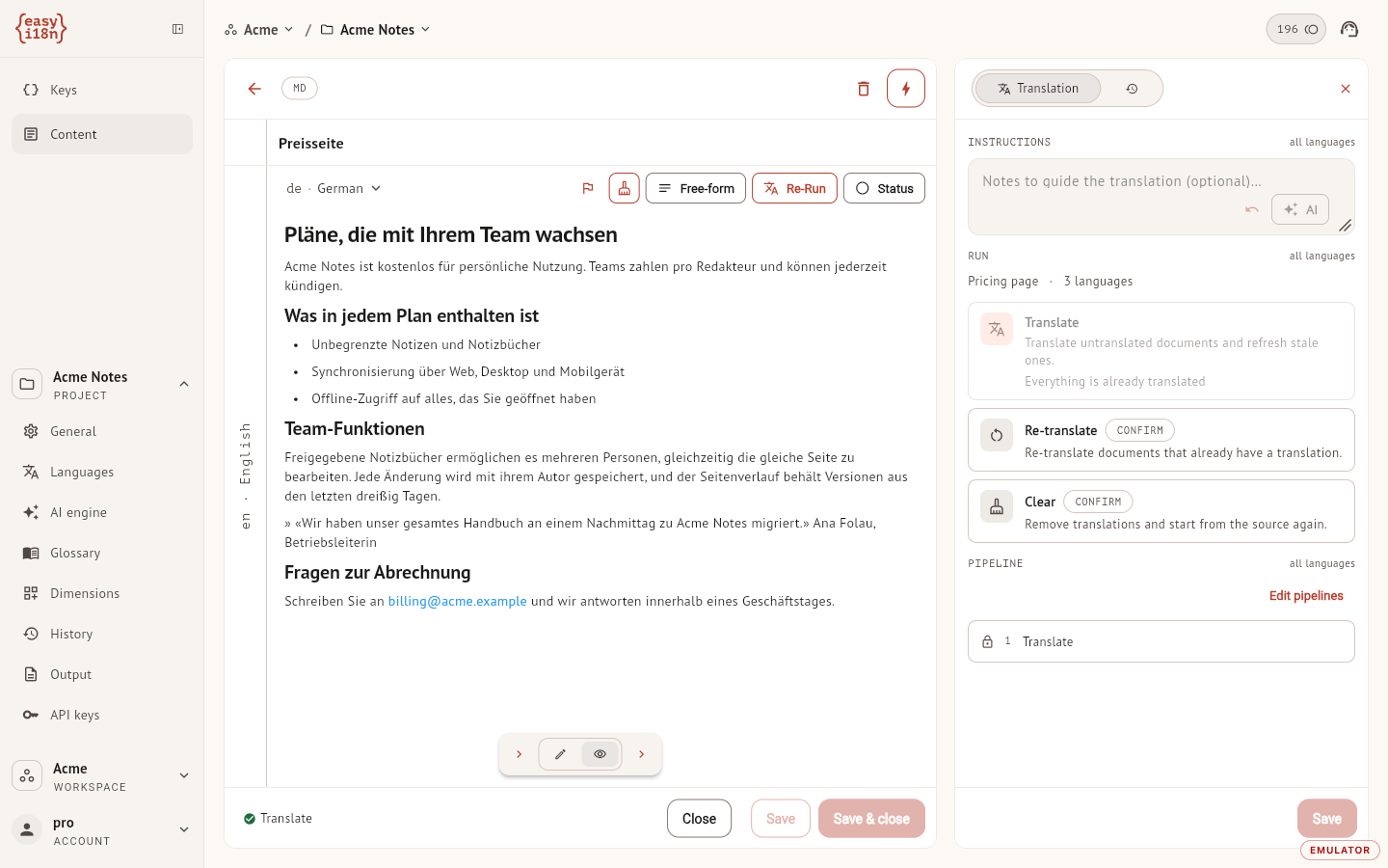 The editor in Preview with the Translation panel open