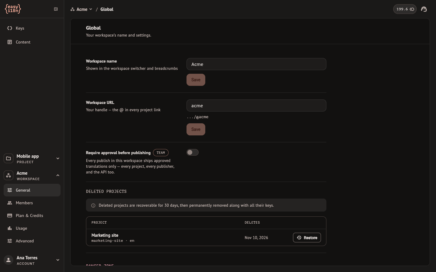 Deleted projects in the workspace settings