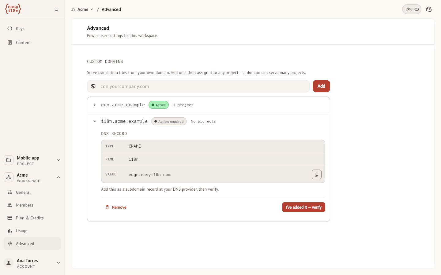 Custom domains in the Advanced section of the workspace settings