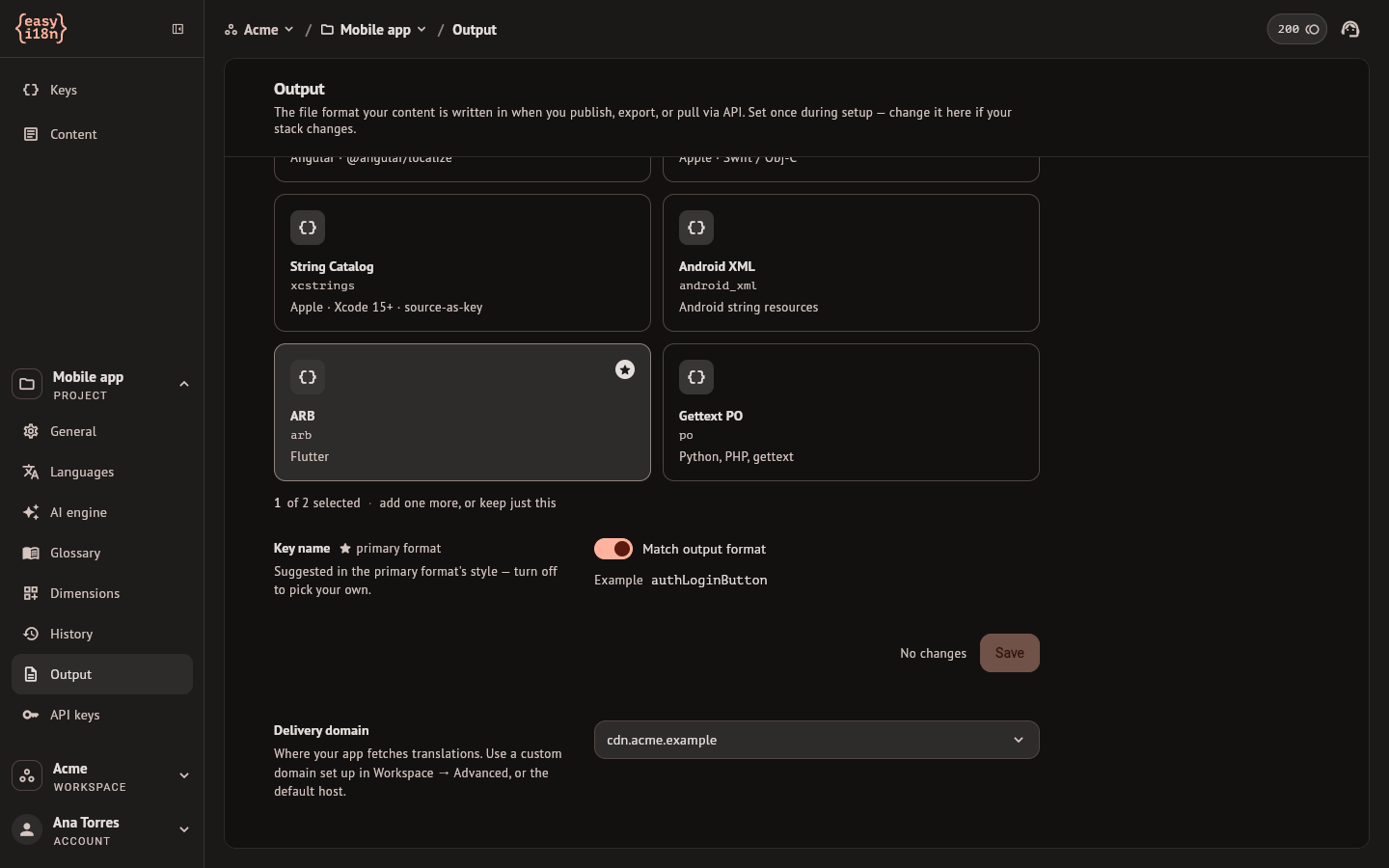 The Delivery domain setting under the output formats
