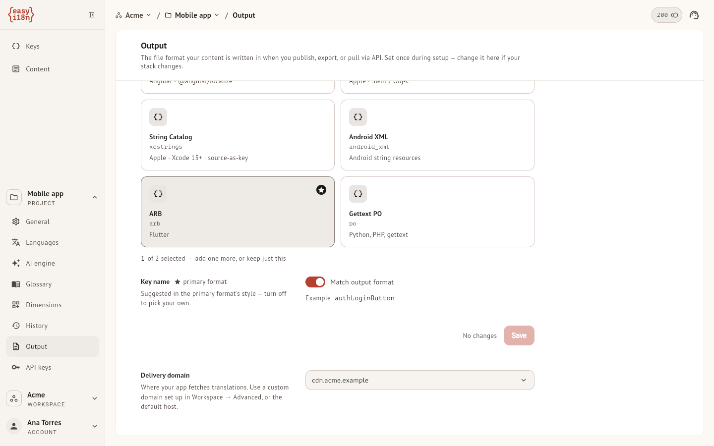 The Delivery domain setting under the output formats