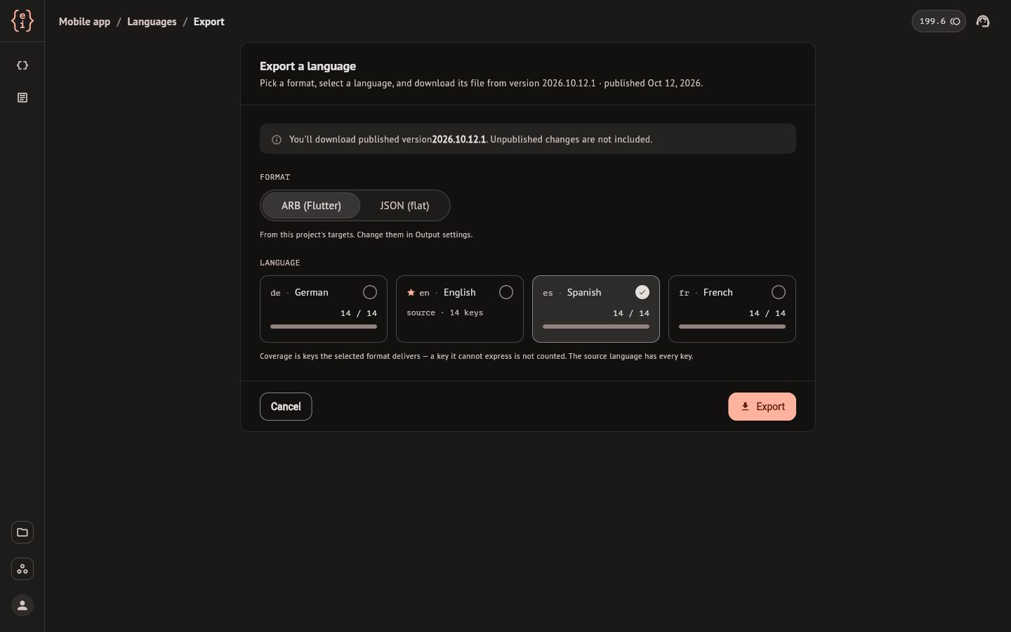 The export screen with Spanish selected