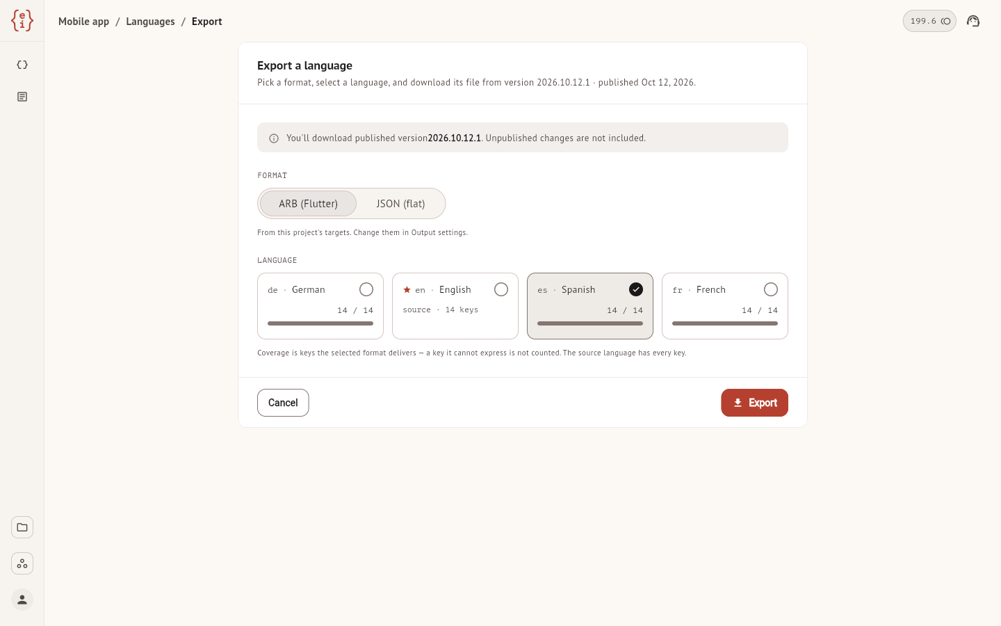 The export screen with Spanish selected