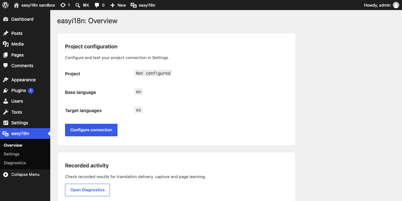 The Overview screen of the plugin before a project is connected