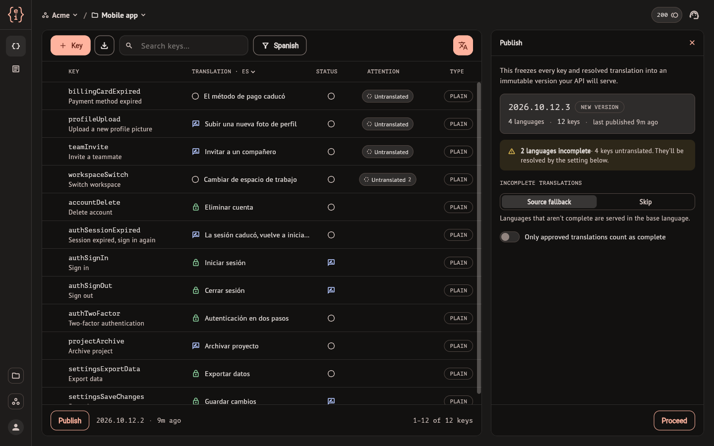 The Publish panel next to the keys list