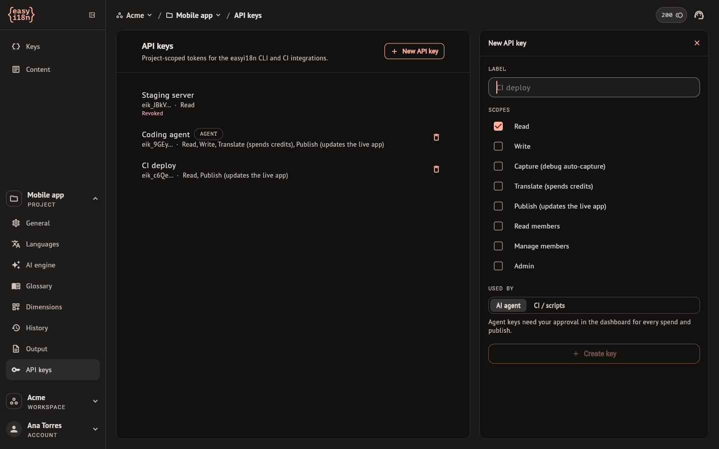 The API keys section with the New API key panel open