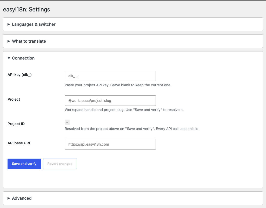 The Connection group of the Settings screen