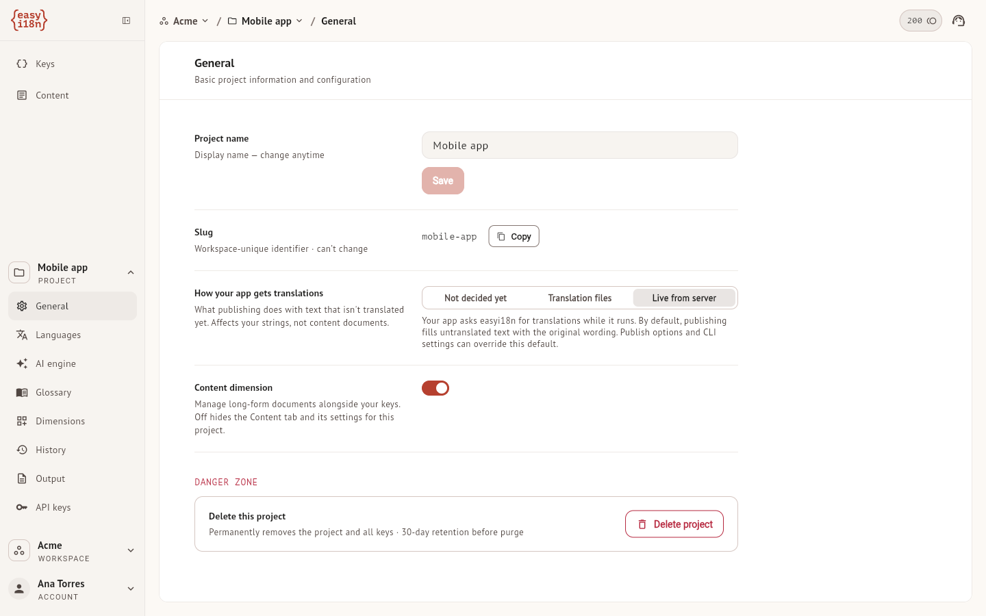 The General section of the project settings