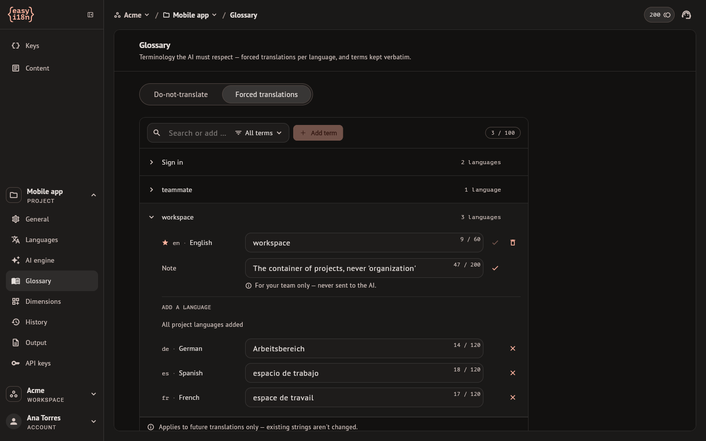 The Forced translations tab of the glossary