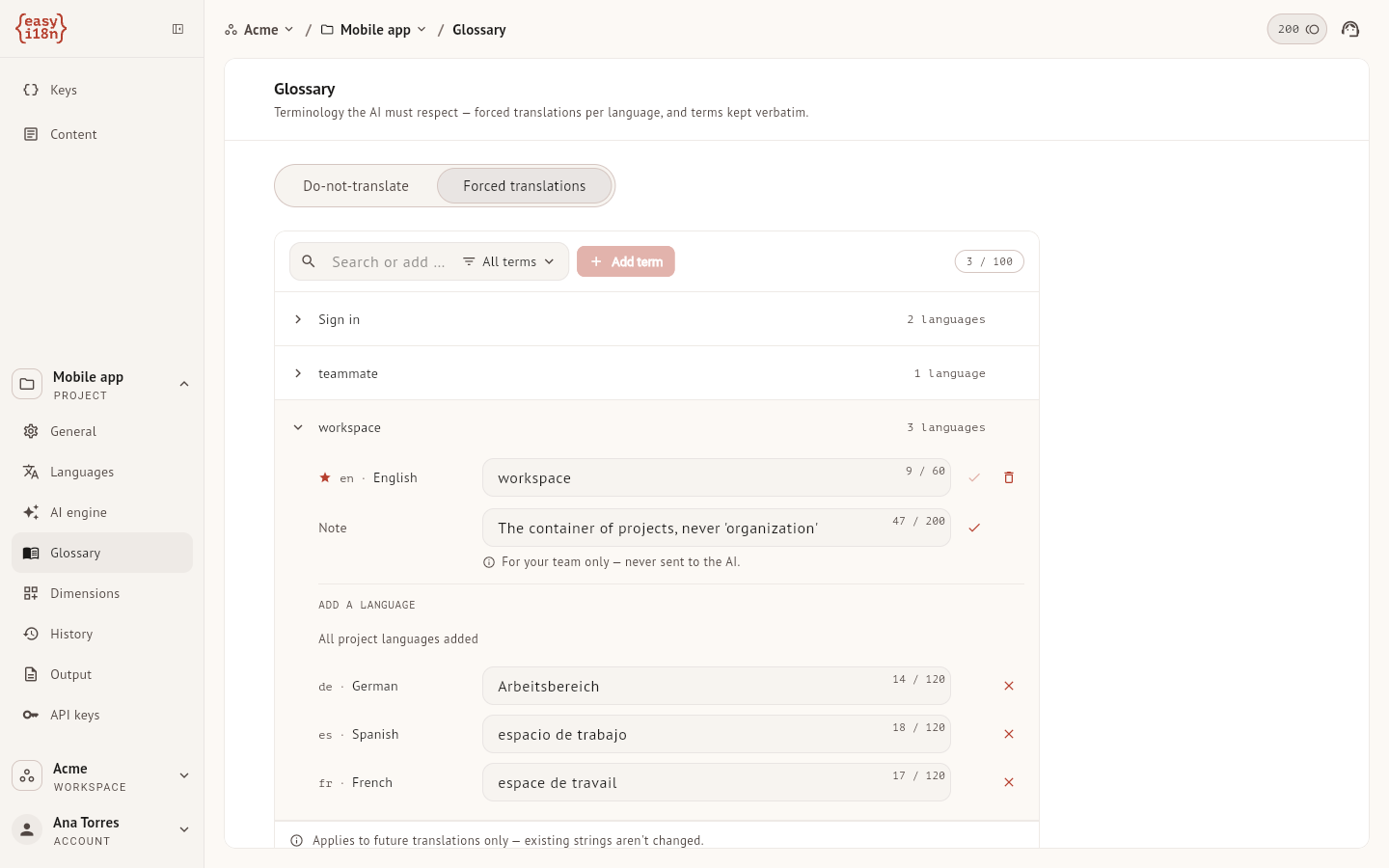 The Forced translations tab of the glossary