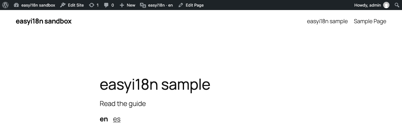 The language switcher as a list on the sample page of the sandbox site