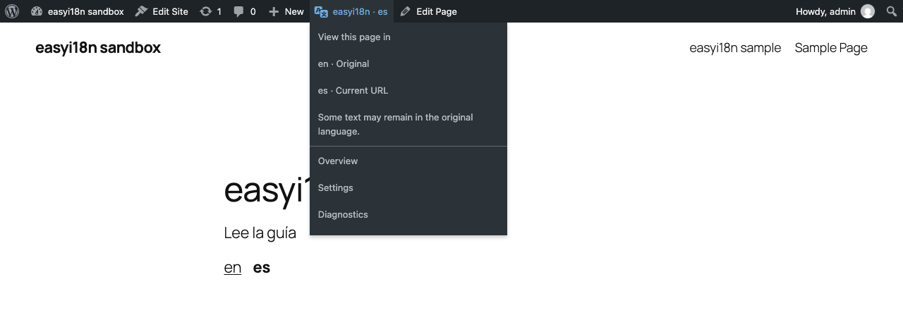 The easyi18n menu of the admin bar on the Spanish home page